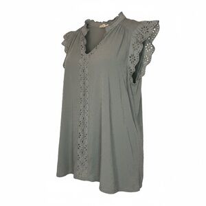 Flower & Feather Eyelet‎ Flutter Sleeve Top in Sage Blue Green Size 2XL Feminine
